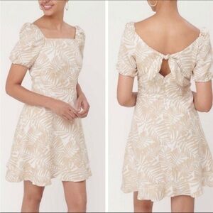 NWT Ann Taylor LOFT Dress Linen Palm Leaf Beach Tie Back Flounce Neutral Tropica